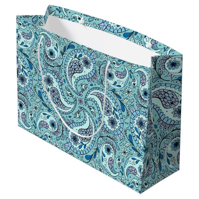 Paisley birds in baby blue large gift bag (Back Angled)
