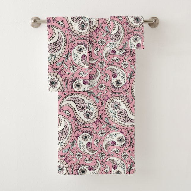 Paisley birds in baby pink bath towel set (Insitu)