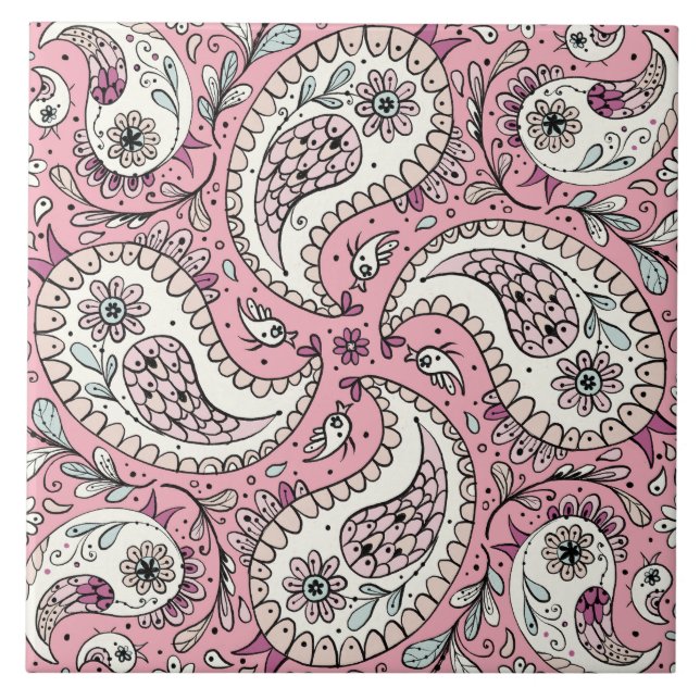 Paisley birds in baby pink ceramic tile (Front)