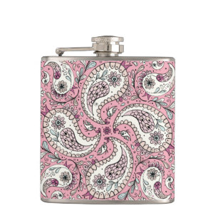 Paisley birds in baby pink hip flask