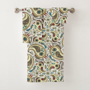 Paisley birds in yellow/brown and white bath towel set