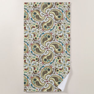 Paisley birds in yellow/brown and white beach towel