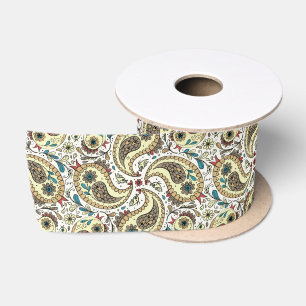 Paisley birds in yellow/brown and white satin ribbon