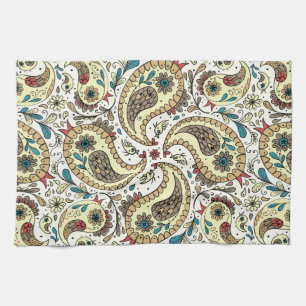 Paisley birds in yellow/brown and white tea towel