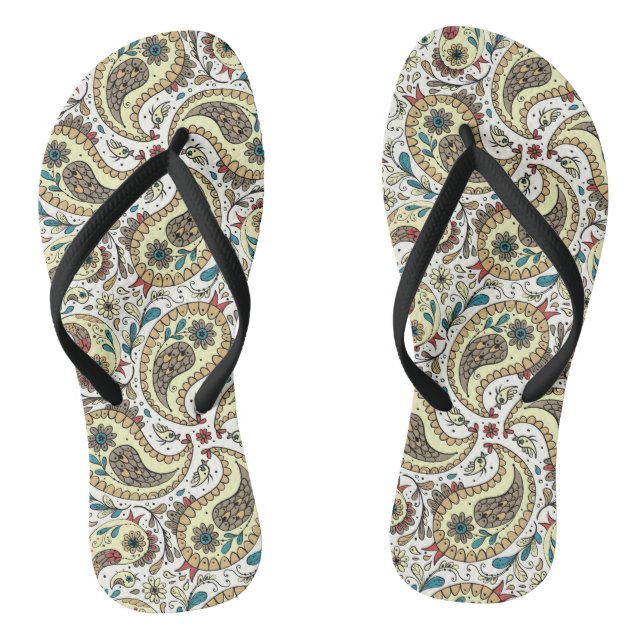 Paisley birds in yellow/brown and white thongs (Footbed)
