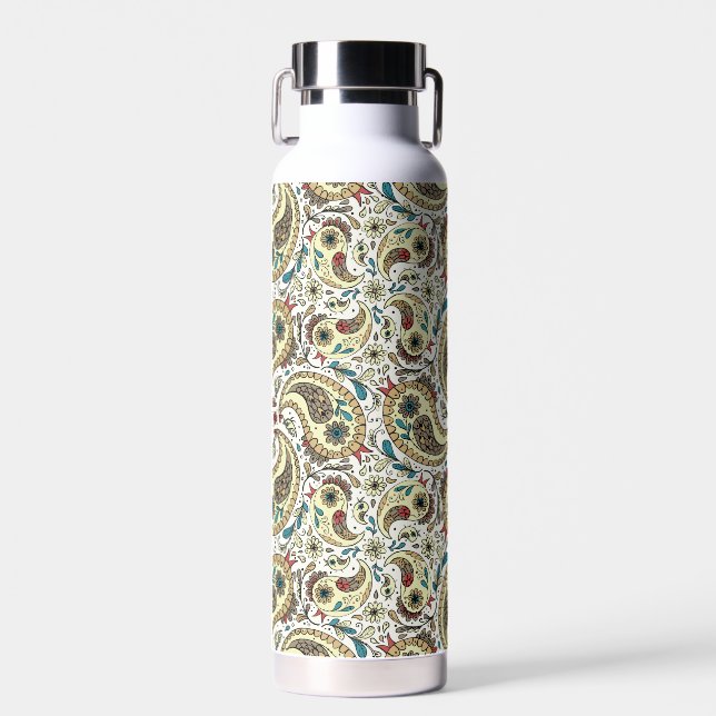 Paisley birds in yellow/brown and white water bottle (Front)