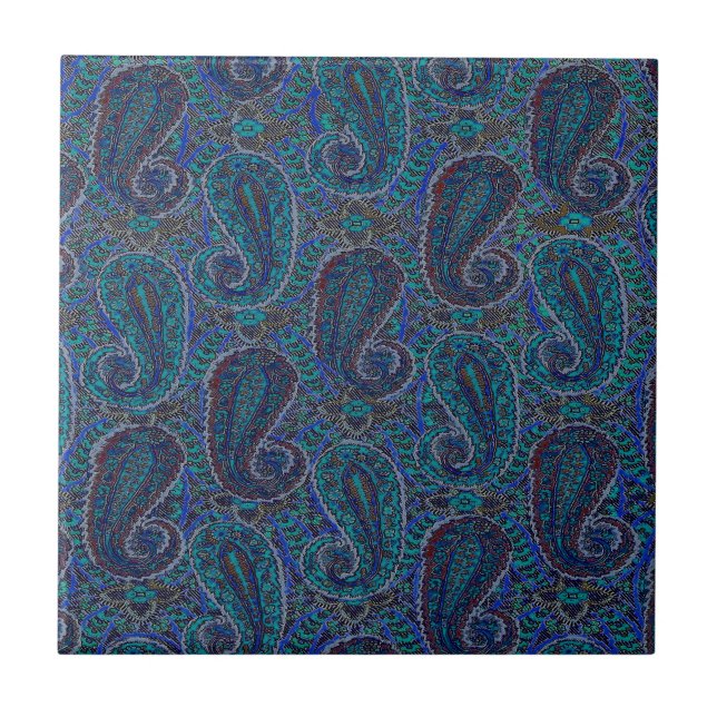Paisley Blue Indian Boho Art Pattern Ceramic Tile (Front)