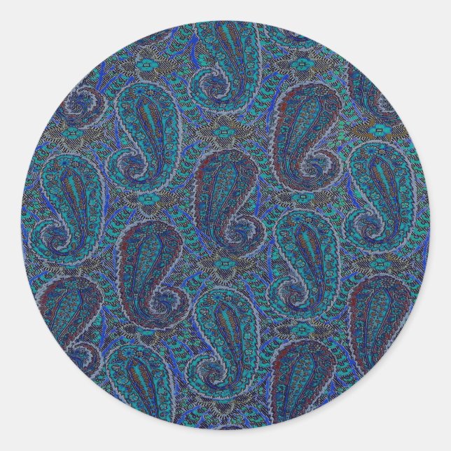 Paisley Blue Indian Boho Art Pattern Classic Round Sticker (Front)