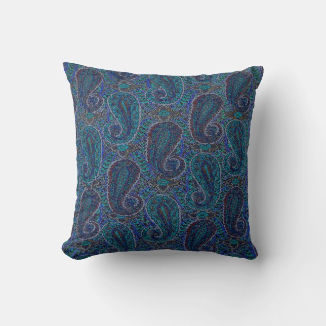 Paisley Blue Indian Boho Art Pattern Cushion (Front)