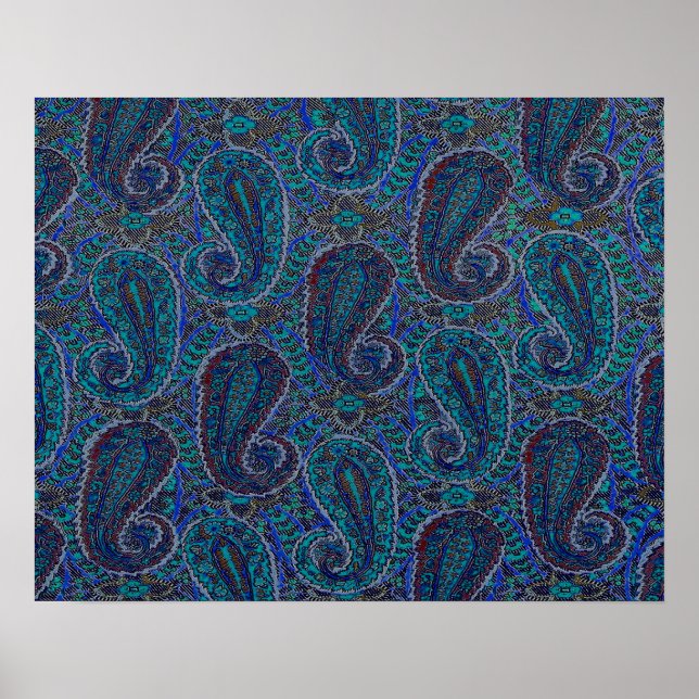 Paisley Blue Indian Boho Art Pattern Poster (Front)