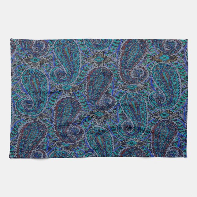 Paisley Blue Indian Boho Art Pattern Tea Towel (Horizontal)