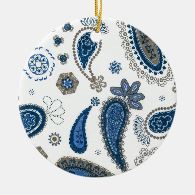 Paisley Blue white Bohemian Pattern Ceramic Ornament (Front)