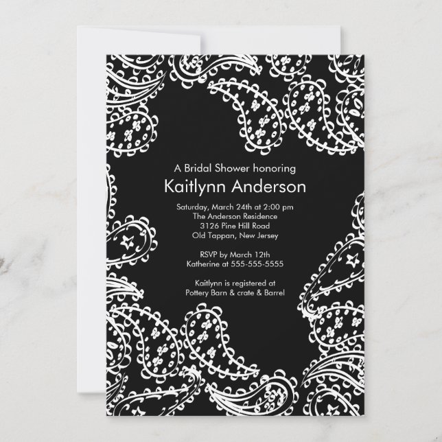Paisley Bridal Shower Invitation White & Black (Front)