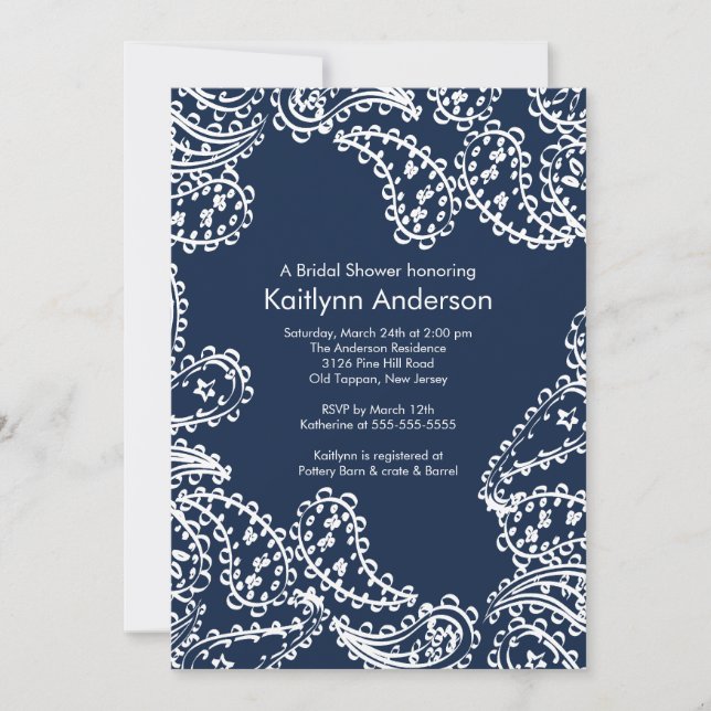 Paisley Bridal Shower Invitation White & Navy Blue (Front)