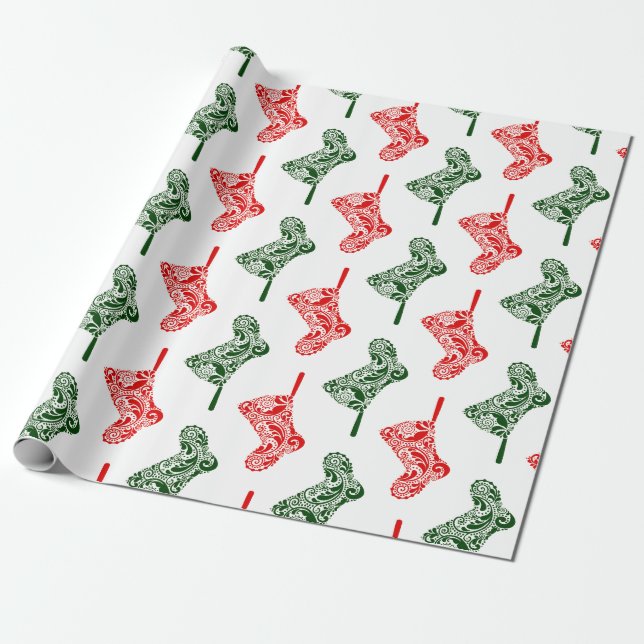 Paisley Christmas Stockings Wrapping Paper (Unrolled)