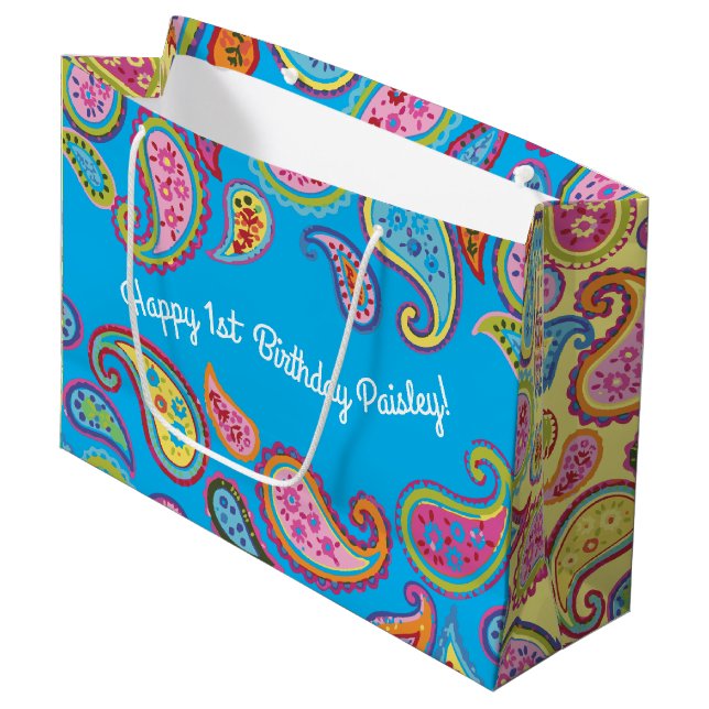 Paisley Cute Colourful 1st Birthday Party Large Gift Bag (Front Angled)