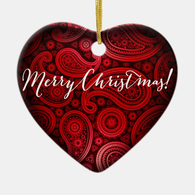 Paisley Deluxe Merry Christmas Heart | red Ceramic Tree Decoration (Front)