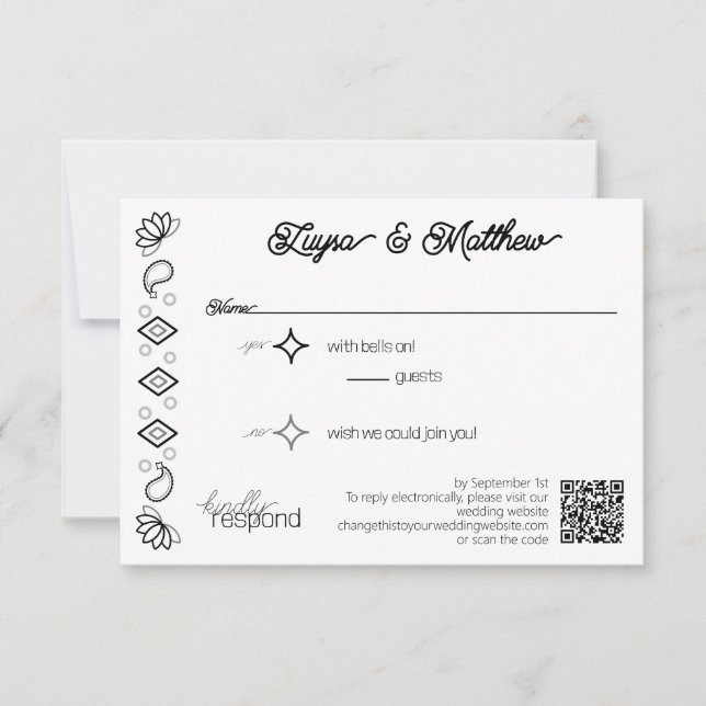 Paisley Diamond Simple White Black QR Code RSVP Card (Front)