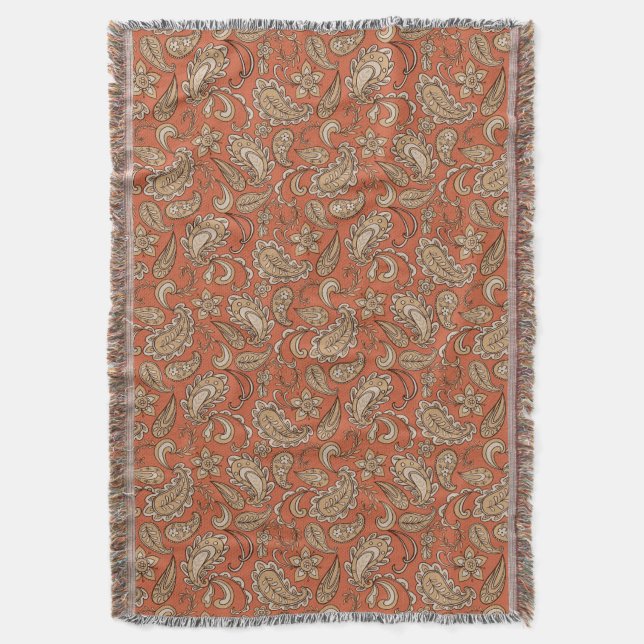 Paisley Dreams Orange Brown Throw Blanket (Front Vertical)