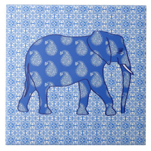 Paisley elephant - cobalt blue and white ceramic tile