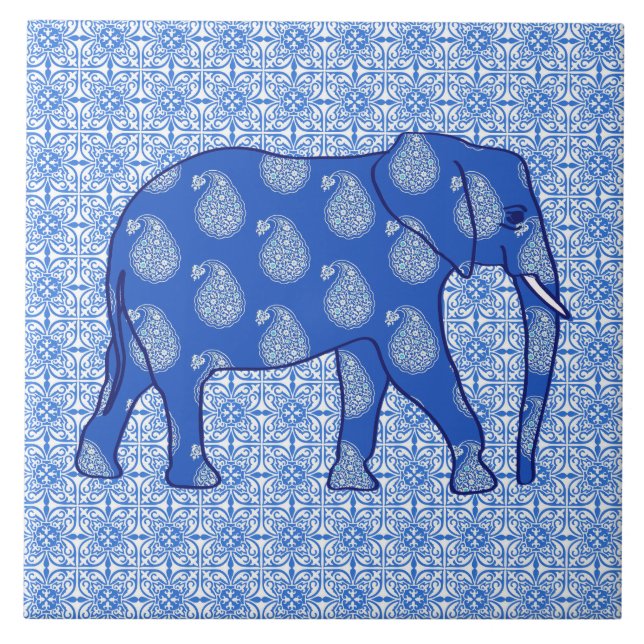 Paisley elephant - cobalt blue and white ceramic tile (Front)