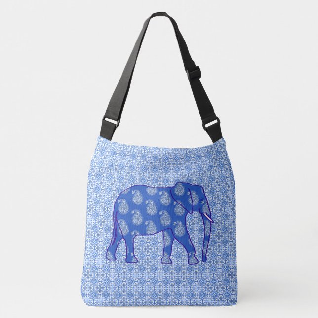 Paisley elephant - cobalt blue and white crossbody bag (Front)