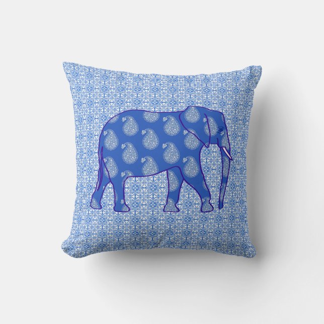 Paisley elephant - cobalt blue and white cushion (Front)
