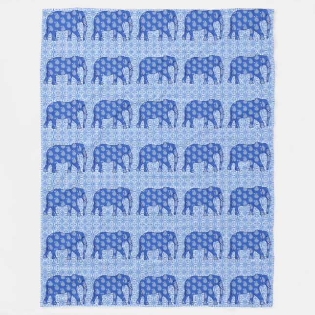 Paisley elephant - cobalt blue and white fleece blanket (Front)