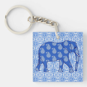 Paisley elephant - cobalt blue and white key ring