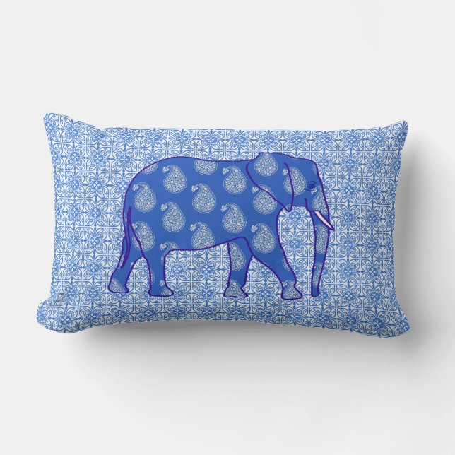 Paisley elephant - cobalt blue and white lumbar cushion (Front)