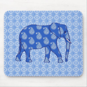 Paisley elephant - cobalt blue and white mouse pad