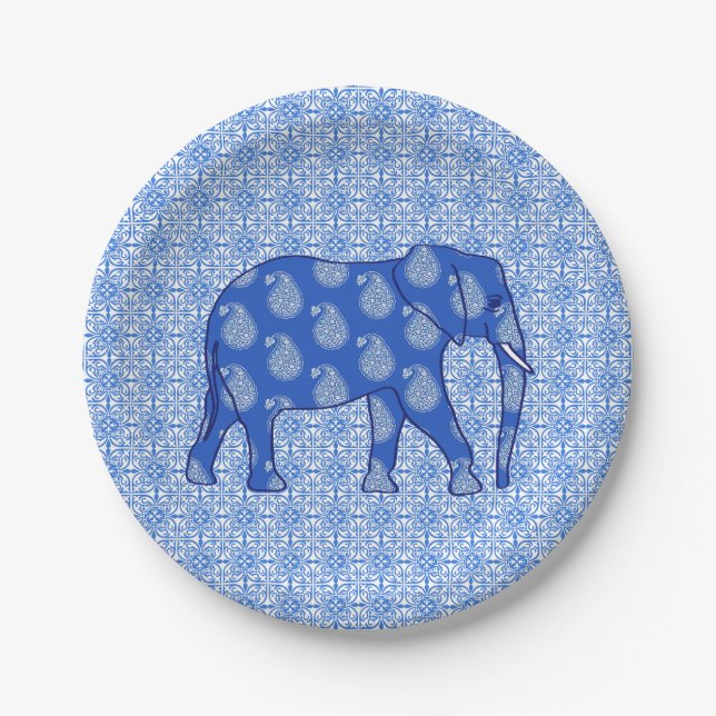 Paisley elephant - cobalt blue and white paper plate (Front)