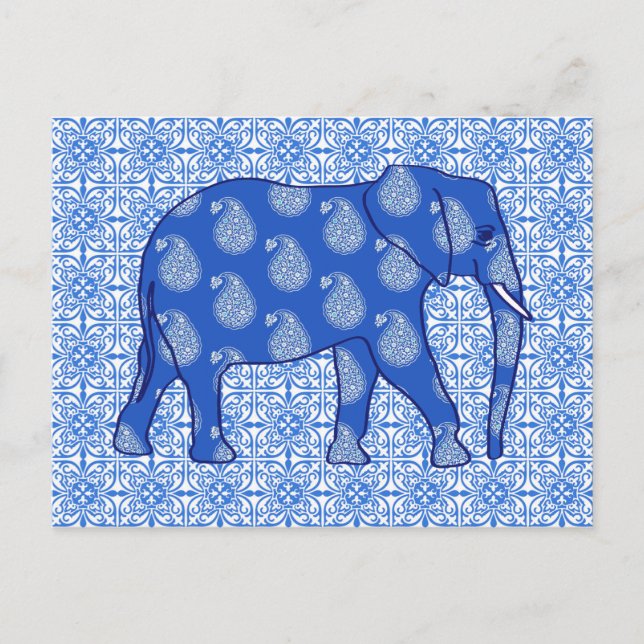 Paisley elephant - cobalt blue and white postcard (Front)