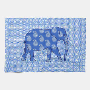 Paisley elephant - cobalt blue and white tea towel