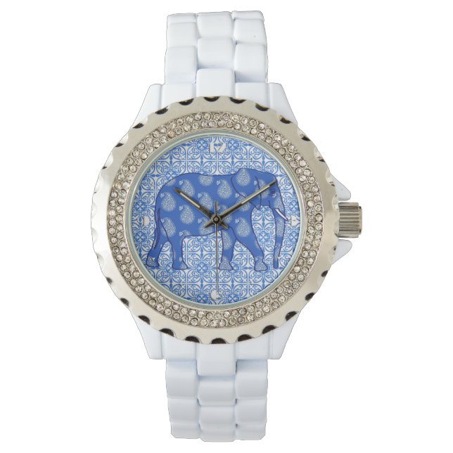 Paisley elephant - cobalt blue and white watch (Front)