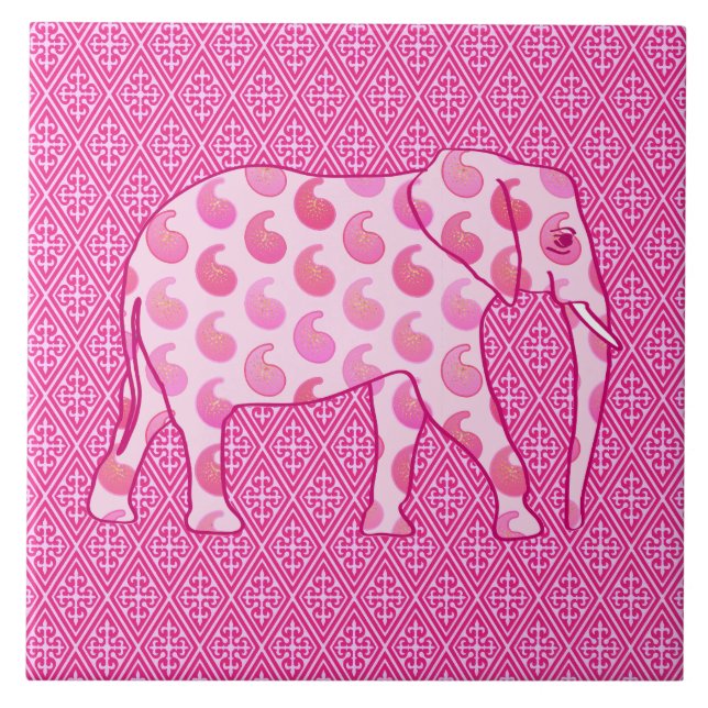 Paisley elephant - ice pink and fuchsia ceramic tile (Front)