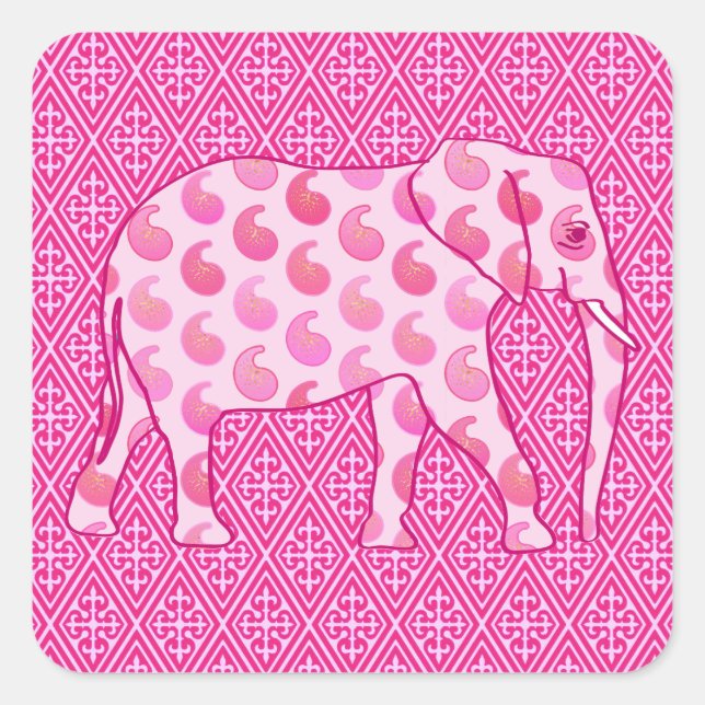 Paisley elephant - ice pink and fuchsia square sticker (Front)