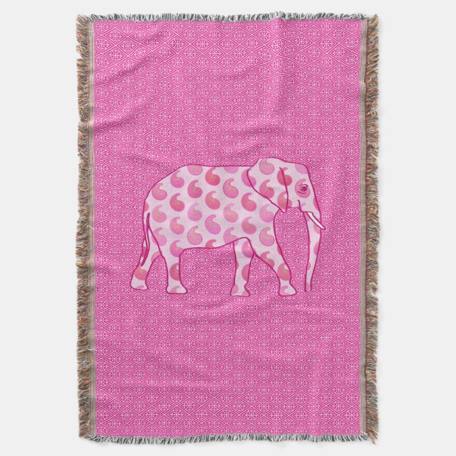 Paisley elephant - ice pink and fuchsia throw blanket (Front Vertical)