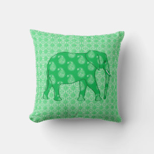 Paisley elephant - jade green and white cushion