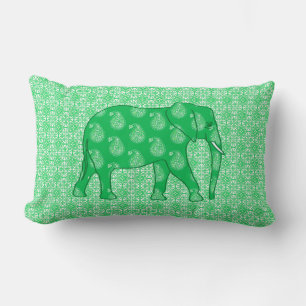 Paisley elephant - jade green and white lumbar cushion