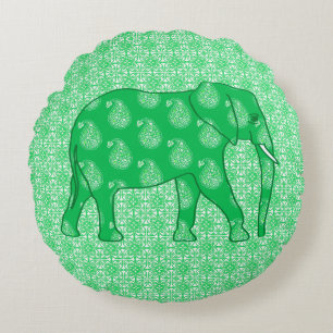 Paisley elephant - jade green and white round cushion