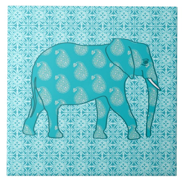 Paisley elephant - turquoise and aqua ceramic tile (Front)