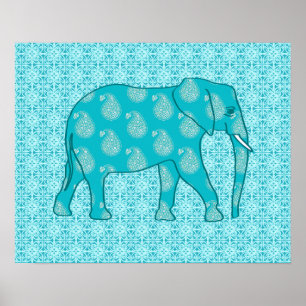 Paisley elephant - turquoise and aqua poster