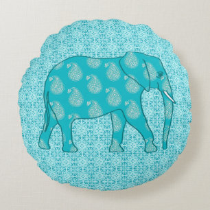 Paisley elephant - turquoise and aqua round cushion
