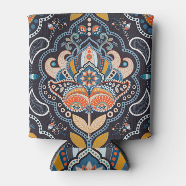 Paisley Floral: Dark Indian Pattern Can Cooler (Front)