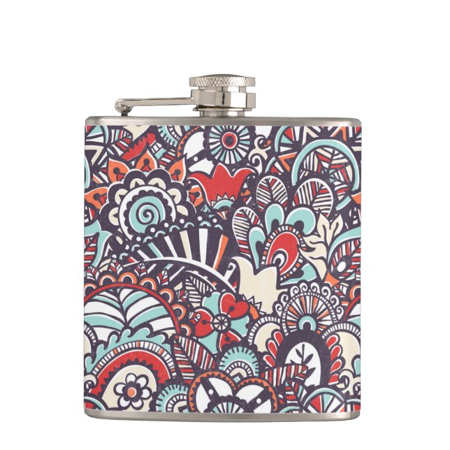 Paisley Floral Doodle Pattern Hip Flask (Front)