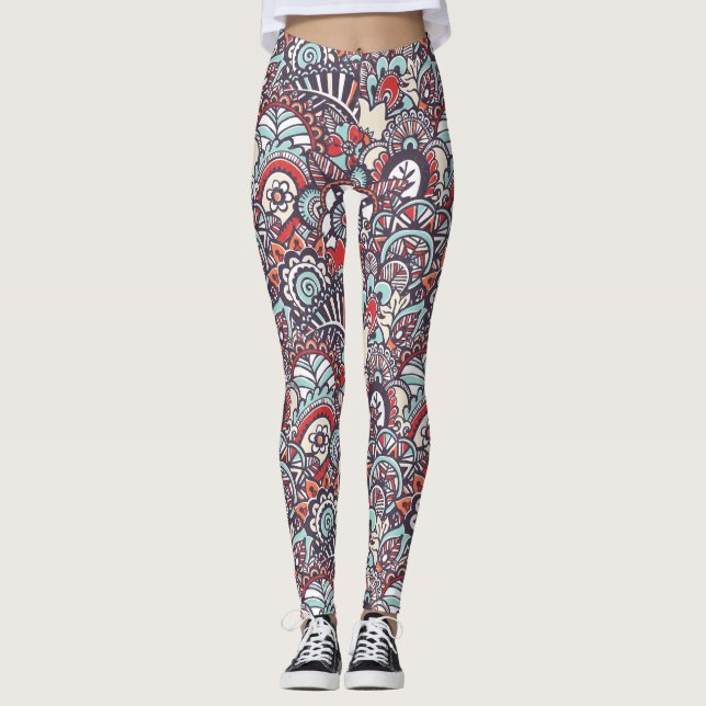Paisley Floral Doodle Pattern Leggings (Front)
