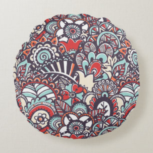 Paisley Floral Doodle Pattern Round Cushion