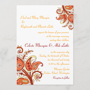 Paisley Floral Gold Red Orange Indian Wedding Invitation