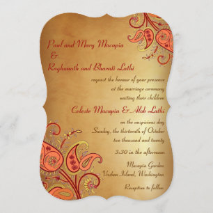 Paisley Floral Gold Red Orange Indian Wedding Invitation